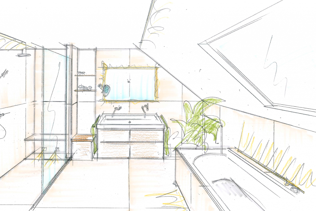 Skizze für die Renovierung eines Badezimmers