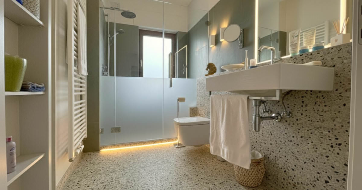 Modernes Badezimmer mit Glasdusche, Waschbecken und dekorativen Elementen in neutralen Farben. Terrazzo-Boden und indirekte Beleuchtung sind sichtbar.